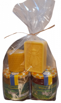 Set 250g Honig und 250g Cremehonig mit Honigseife und kleiner Kerze